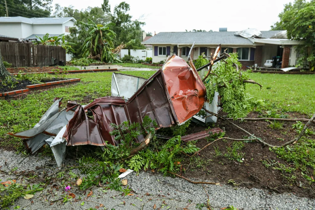 Damaged roof from a storm.